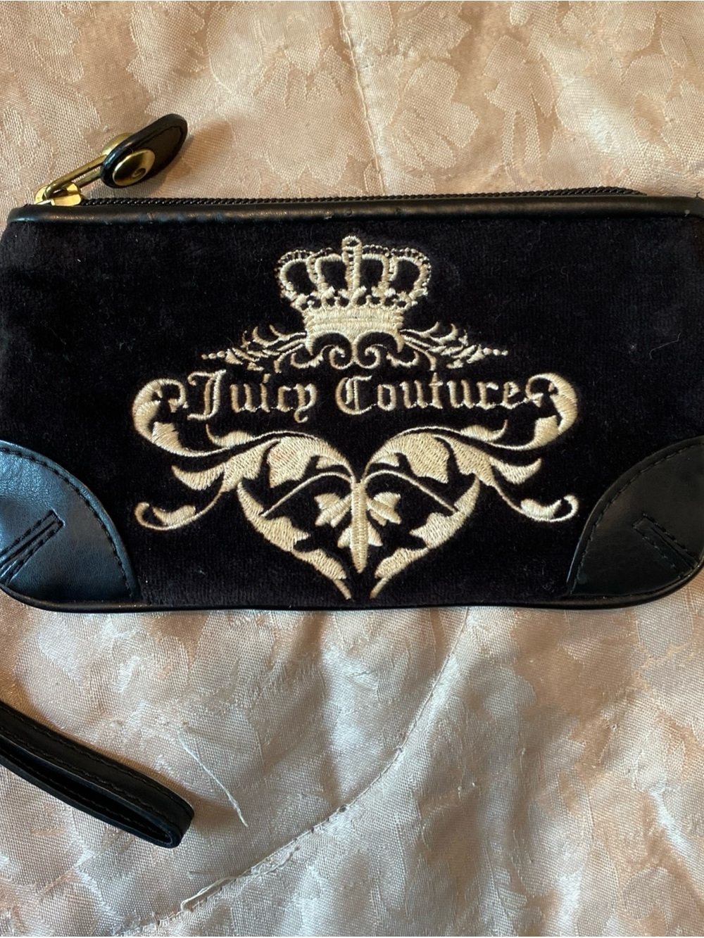 Juicy Couture Black Velvet Wristlet with Cream Crest Embroidery Vintage Y2K
